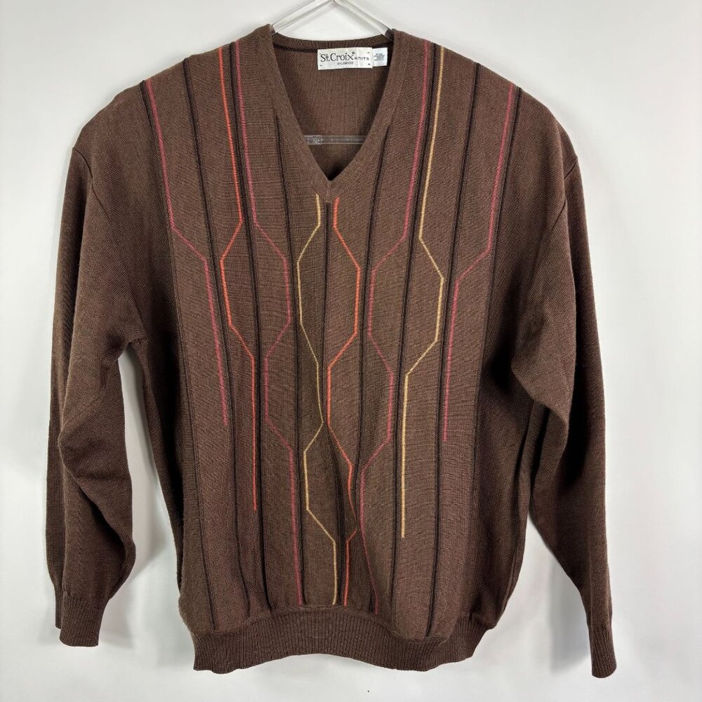 Vintage St Croix mens sweater XL brown print v-neck 90s striped MCM wool *HOLE